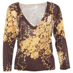 Max Mara Brown Floral Printed Silk & Linen Knit Embellished V-Neck Top L