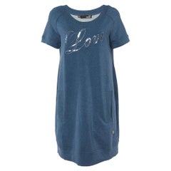 Love Moschino Blaues Baumwollstrick-Pullover-Minikleid mit Pailletten-Logo bestickt, M