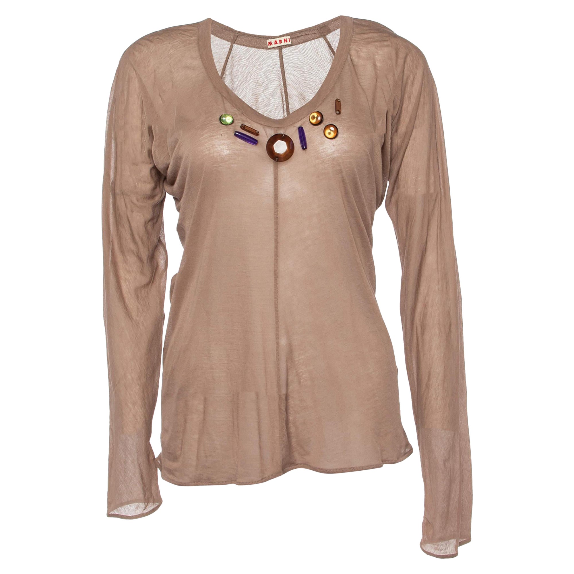 Marni Brown Cotton knit Embellished Detail Long Sleeve Top L For Sale