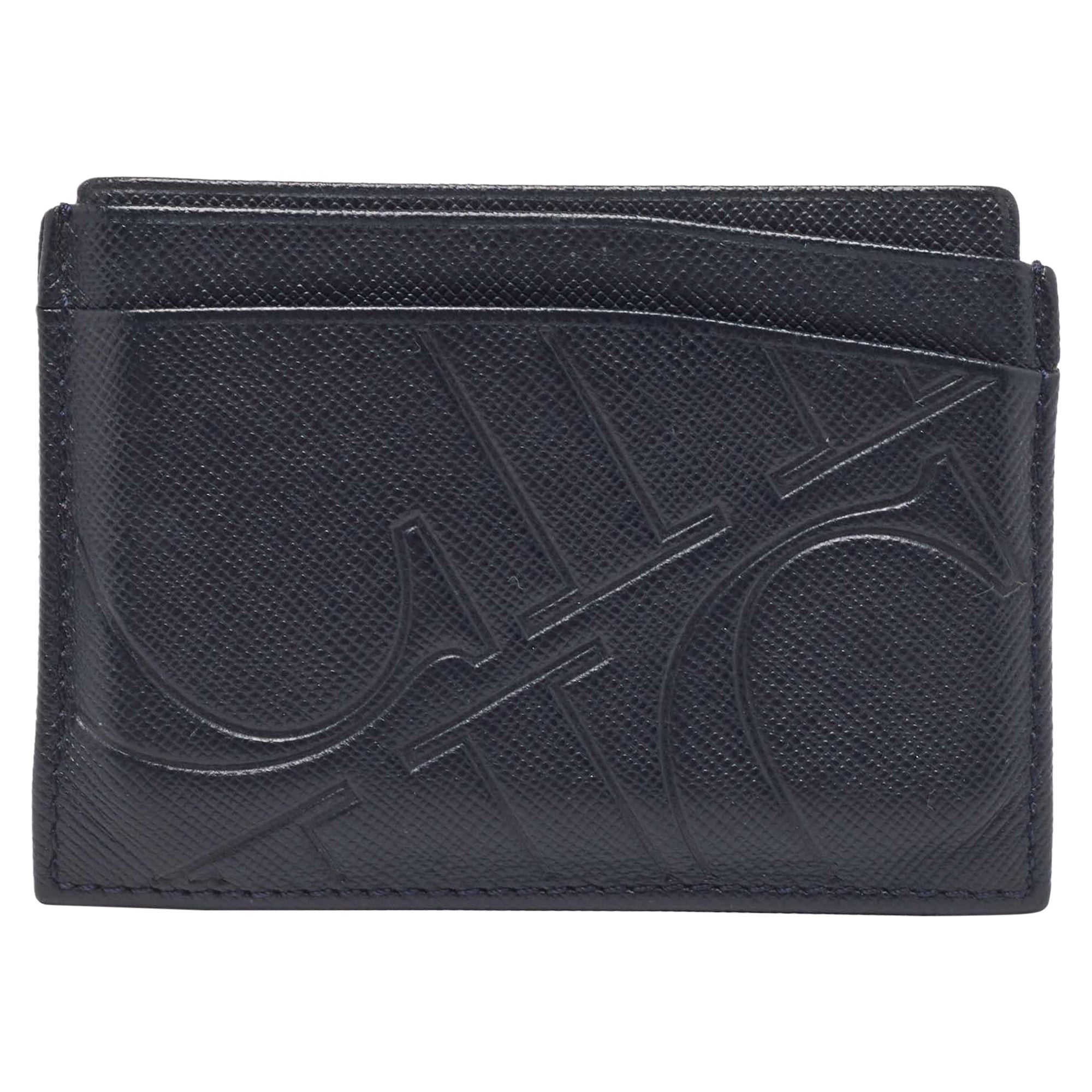 CH Carolina Herrera Dark Blue Monogram Embossed Leather Card Holder