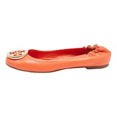 Tory Burch Orange Leather Minnie Scrunch Ballet Flats Size 36.5