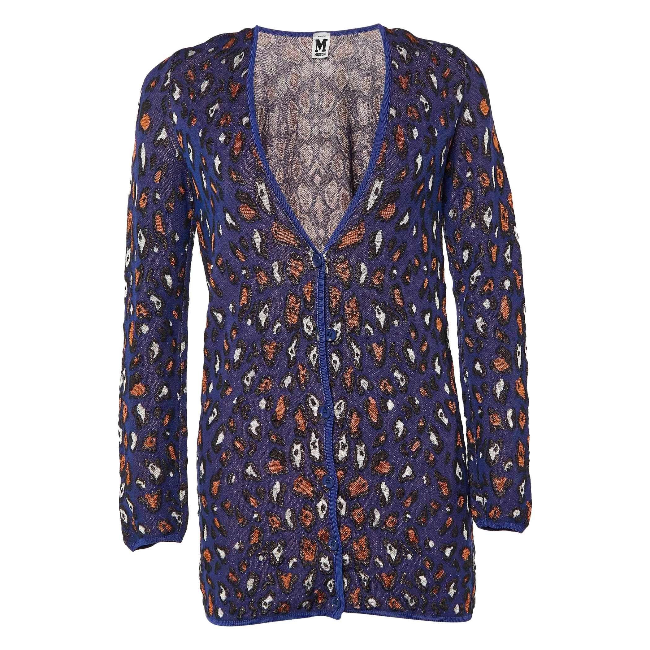 M Missoni Purple Patterned Cotton Knit V-Neck Cardigan L For Sale