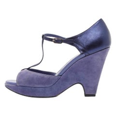 Tod's Blue Suede and Leather T-Bar Wedge Sandals Size 39.5