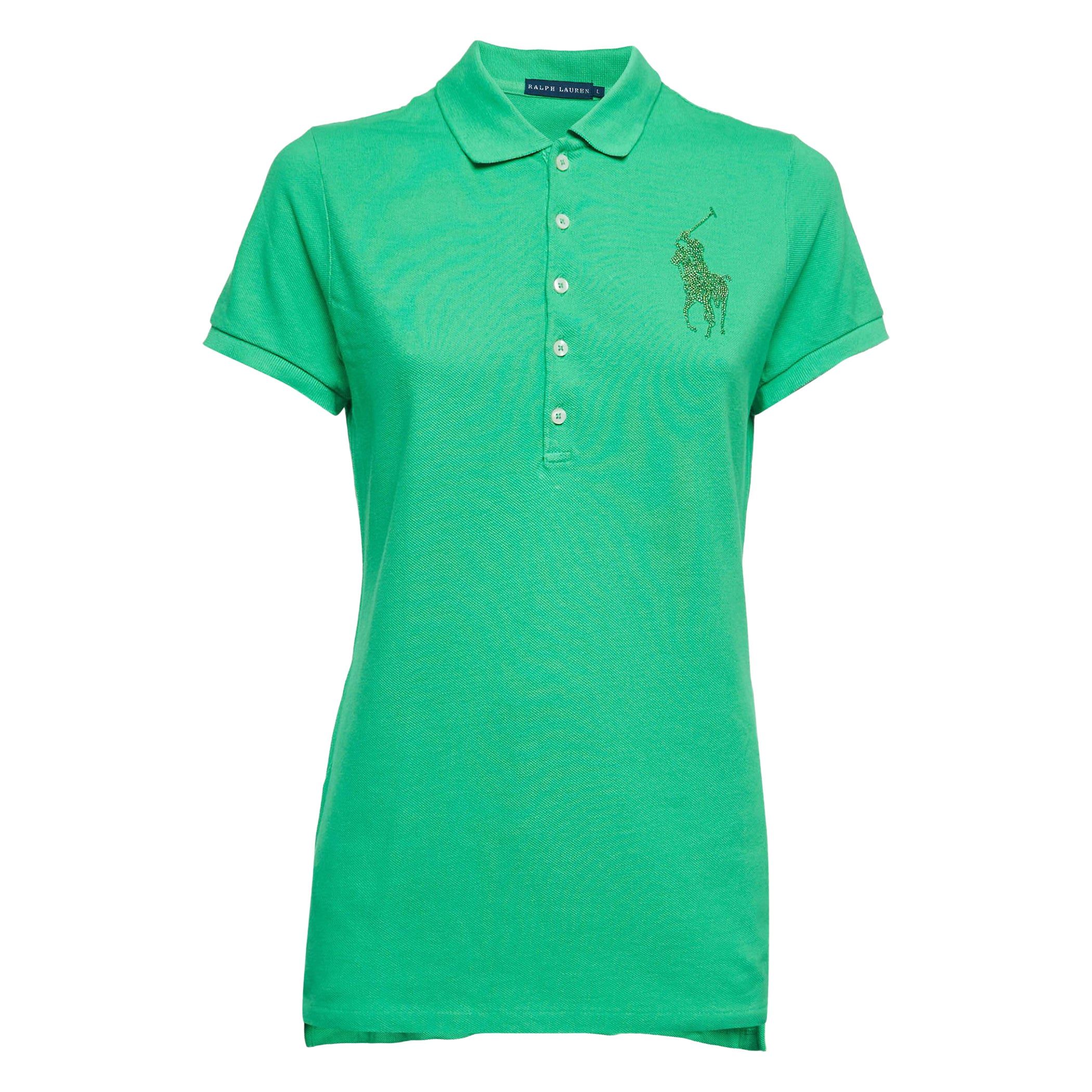 Ralph Lauren Green Cotton Glitter Logo Polo T-Shirt L