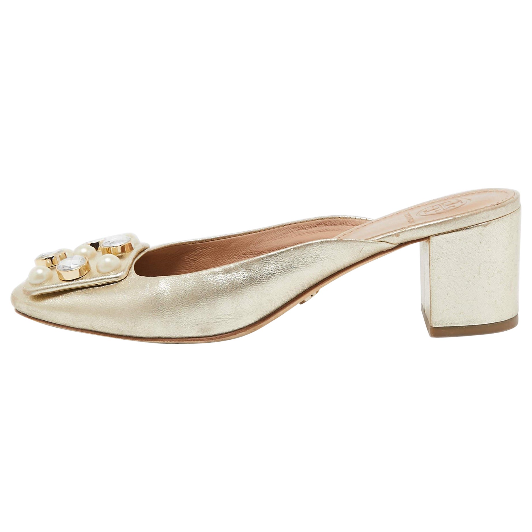 Tory Burch Gold Leather Vail Block Heel Mules Size 37.5