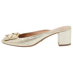 Tory Burch Gold Leather Vail Block Heel Mules Size 37.5