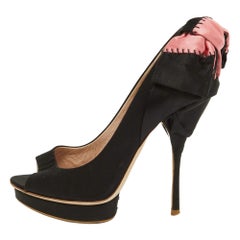 Miu Miu Black/Pink Satin Bow Peep Toe Pumps Size 38.5