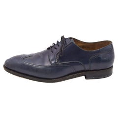 Used Salvatore Ferragamo Navy Blue Brogue Leather Lace Up Derby Size 44.5