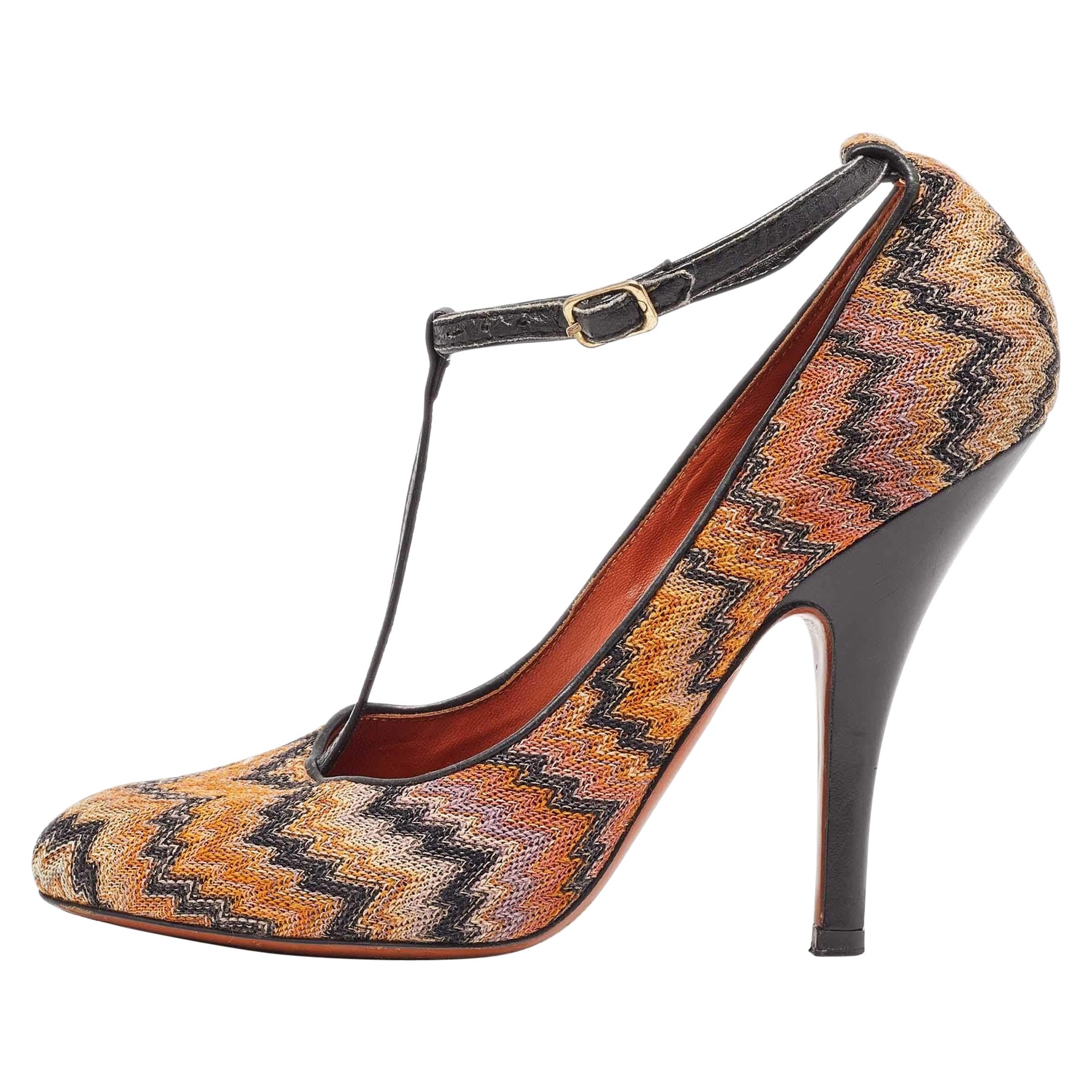 Missoni - Escarpins en cuir et tissu noir/orange avec bride de cheville - Taille 37