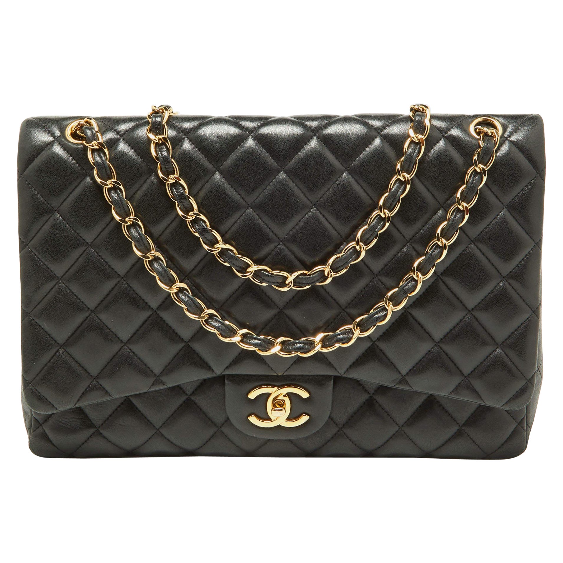 Chanel Black Quilted Leather Maxi Classic Double Flap Bag For Sale