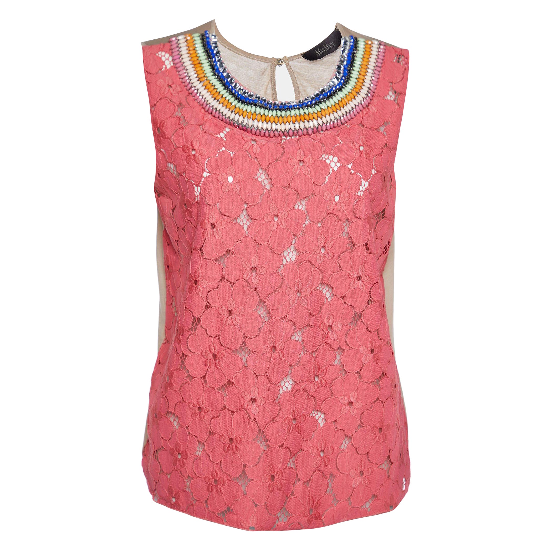 Max Mara Pink Floral Lace & Cotton Knit Embellished Detail Sleeveless Top M For Sale