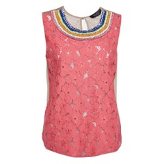 Max Mara Pink Floral Lace & Cotton Knit Embellished Detail Sleeveless Top M