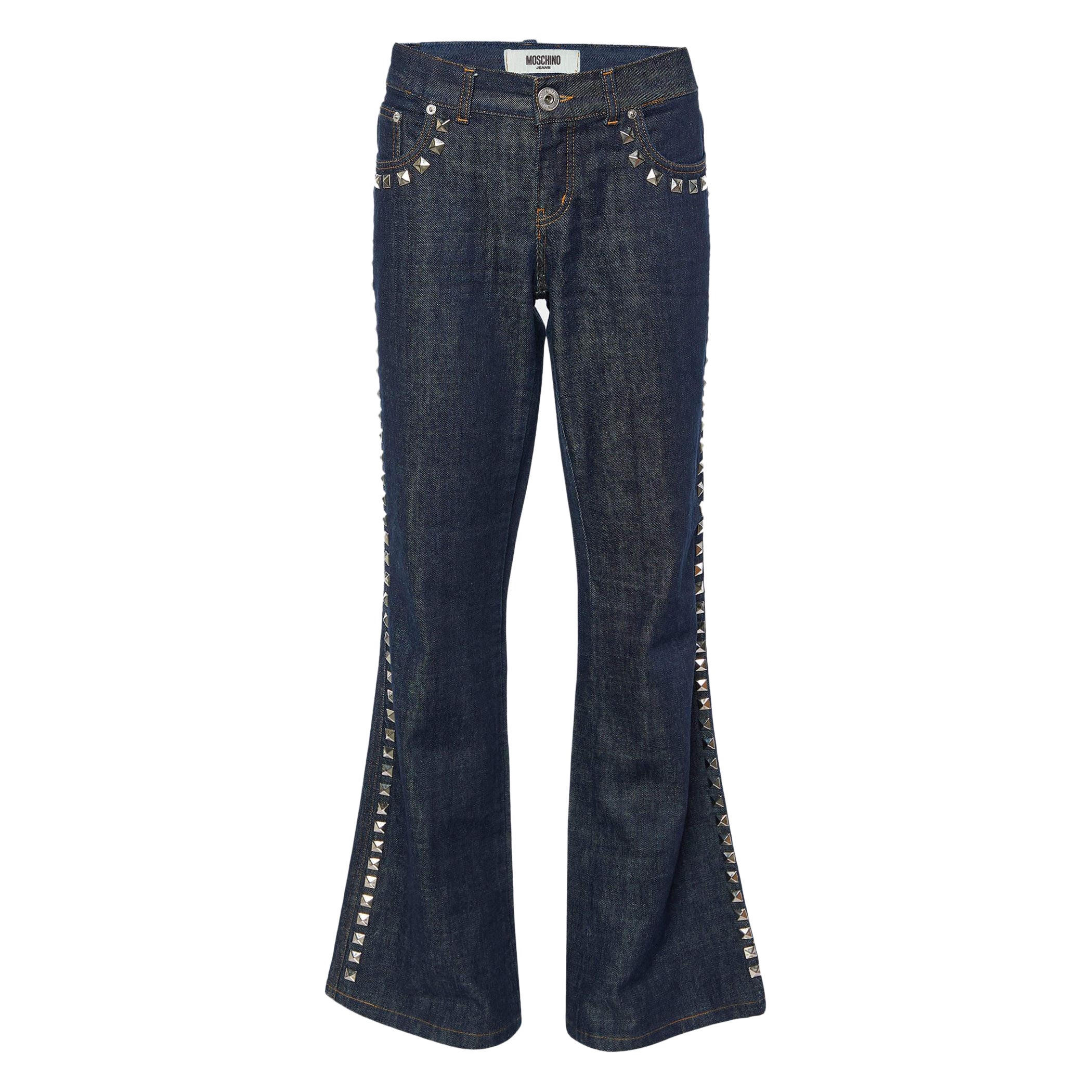 Moschino Jeans Navy Blue Denim Studded Wide Leg Jeans L For Sale