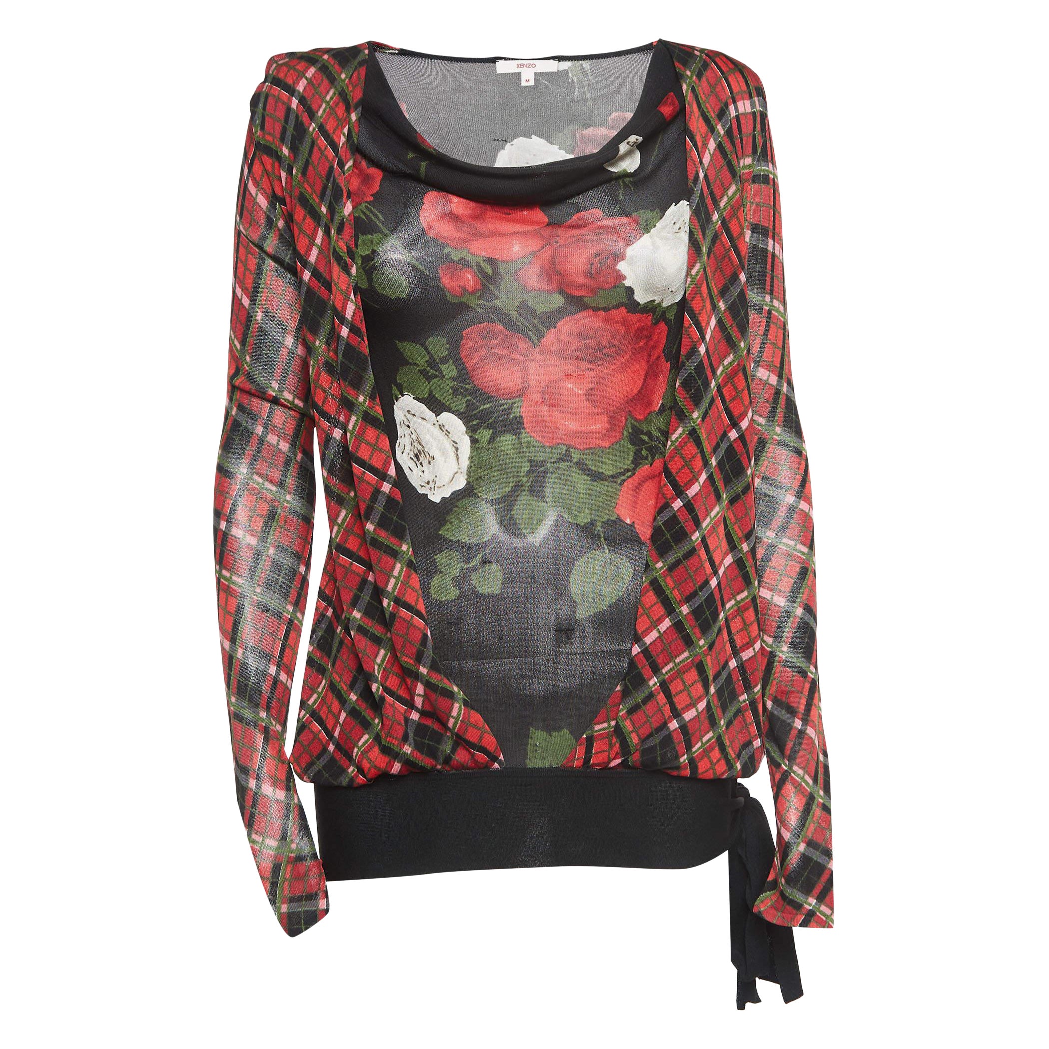 Kenzo - Top a maniche lunghe in seta con stampa floreale a quadri nero/rosso - M. I.