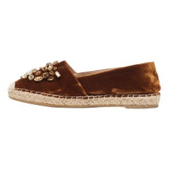 Le Silla Brown Velvet Crystal Embellished Espadrilles Flats Size 36