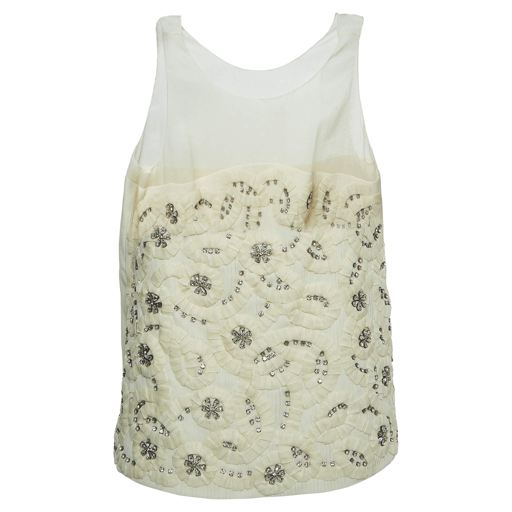 Chloe Cream Crystals Embellished Silk & Linen Blend Sleeveless Top M For Sale