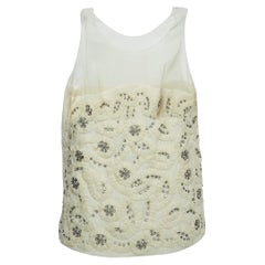 Chloe Cream Crystals Embellished Silk & Linen Blend Sleeveless Top M