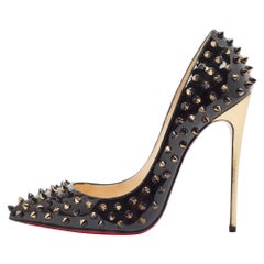 Christian Louboutin Black/Gold Patent Leather Pigalle Spikes Pumps Size 38.5