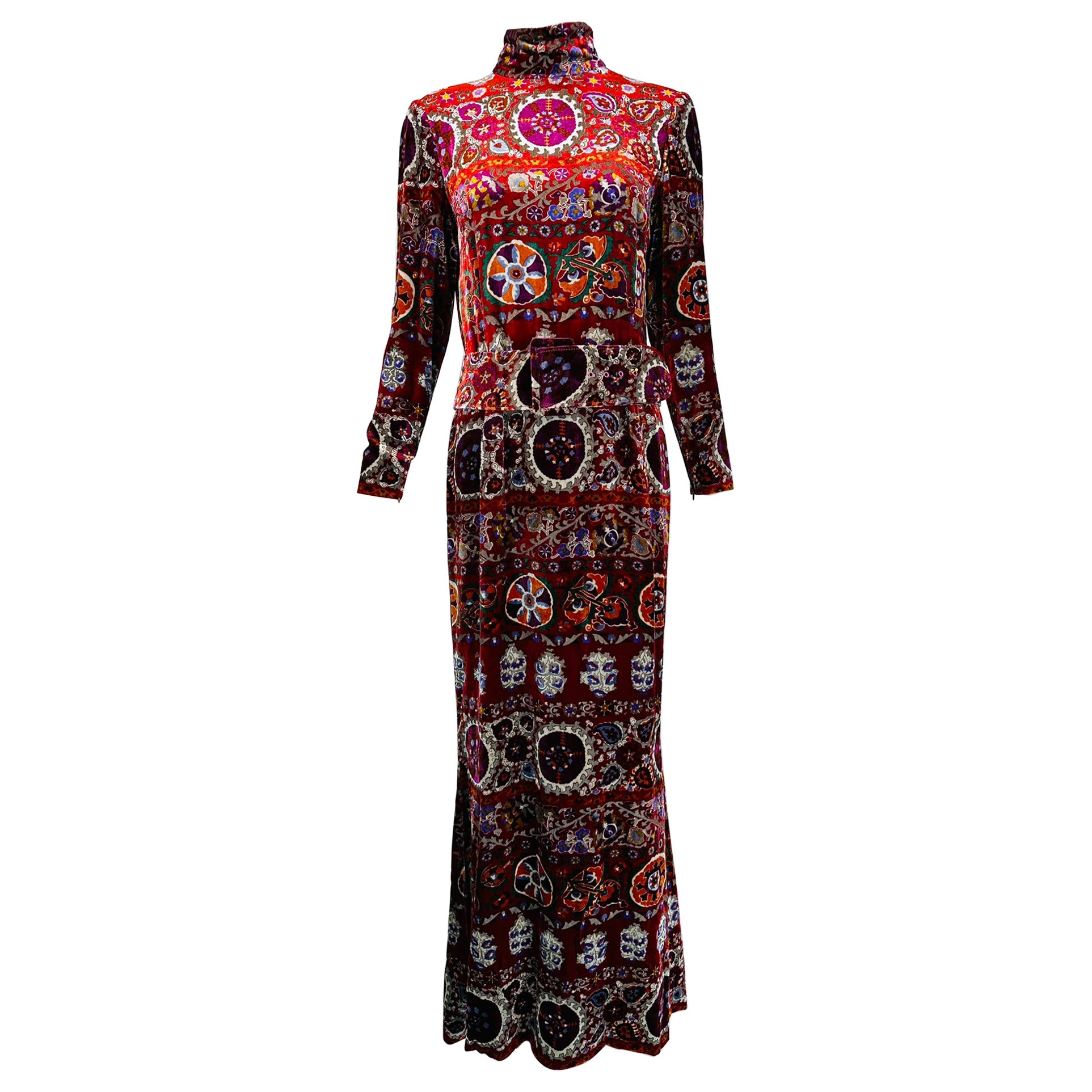 Oscar de la Renta Exotic Printed & Silver Stenciled Silk Velvet Evening Dress 8 For Sale