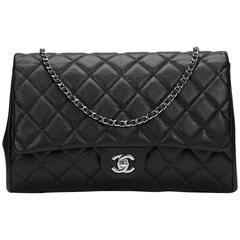 2010s Chanel Black Quilted Caviar Leather Clutch-on-Chain