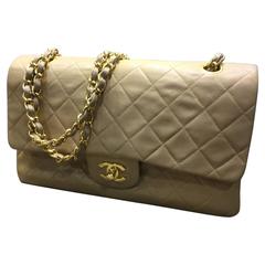 Chanel Classic Beige Quilted Lamb Leather Jumbo Double Flap Bag 