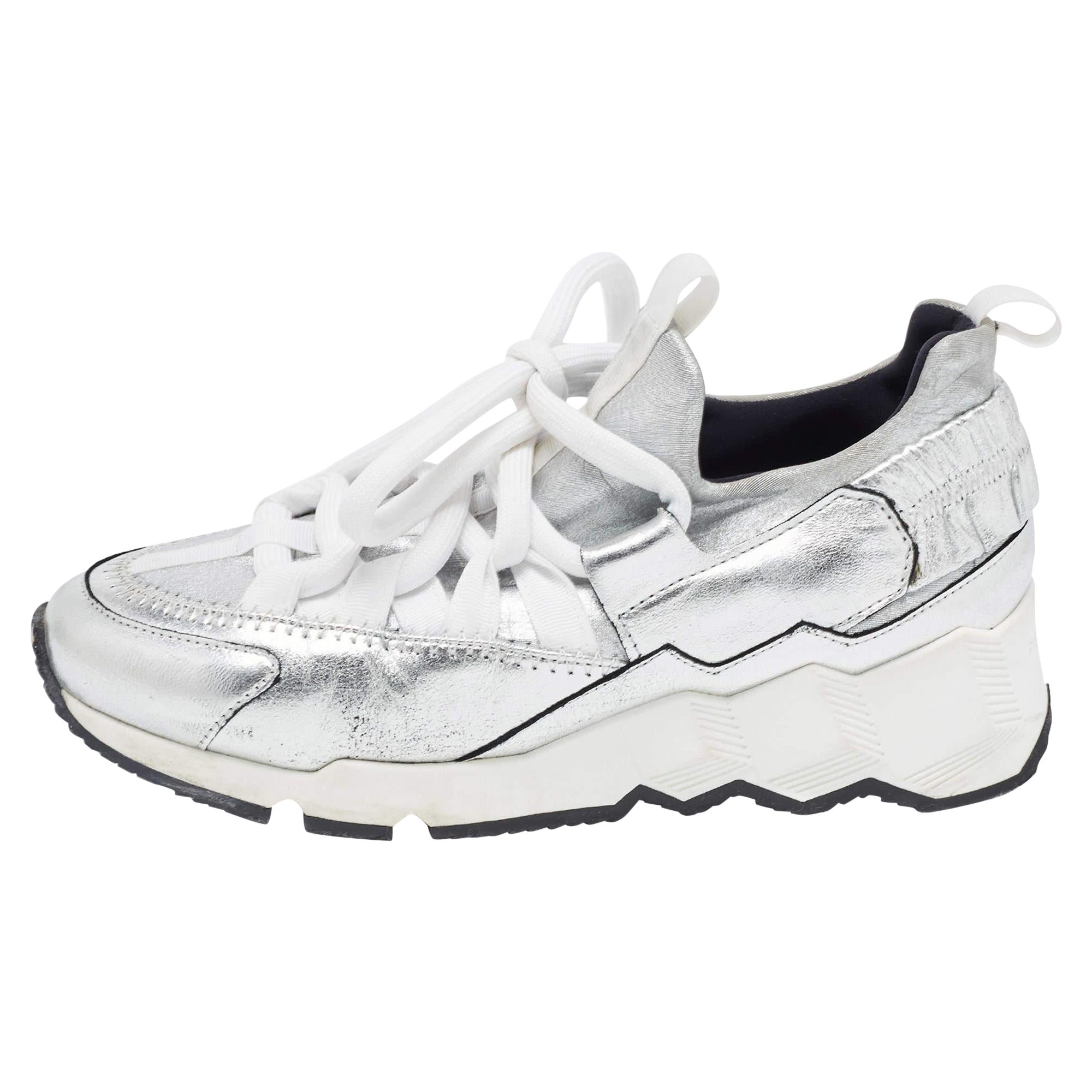 Pierre Hardy Silver Leather and Neoprene Low Top Sneakers Size 36 For Sale