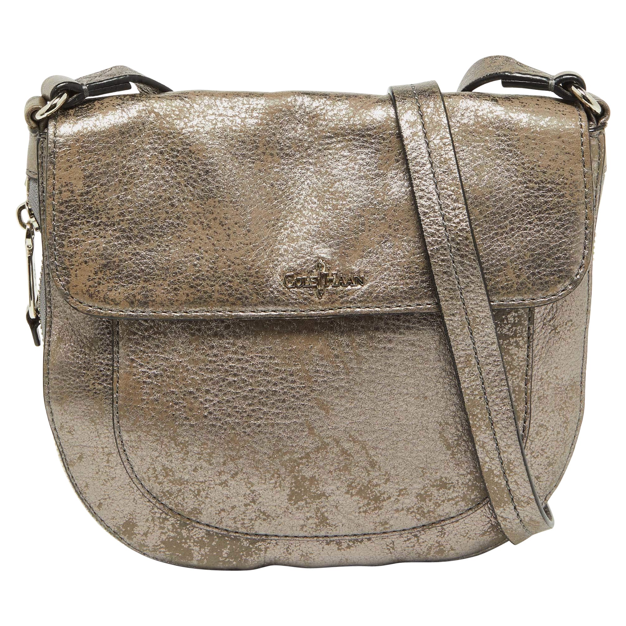 Cole Haan Metallic Grey Leather Flap Zip Round Crossbody Bag For Sale