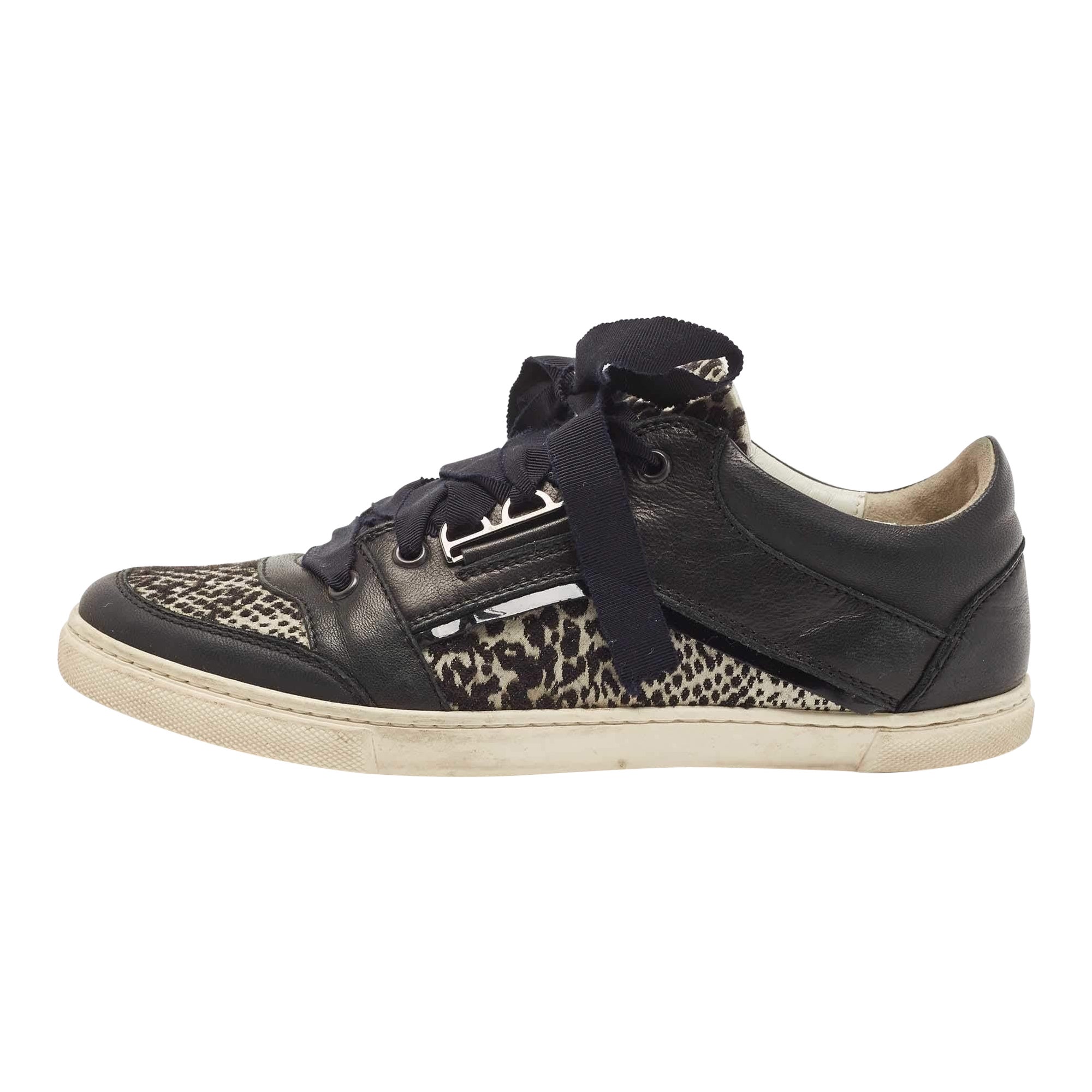 Lanvin Black Leather and Fabric Low Top Sneakers Size 38