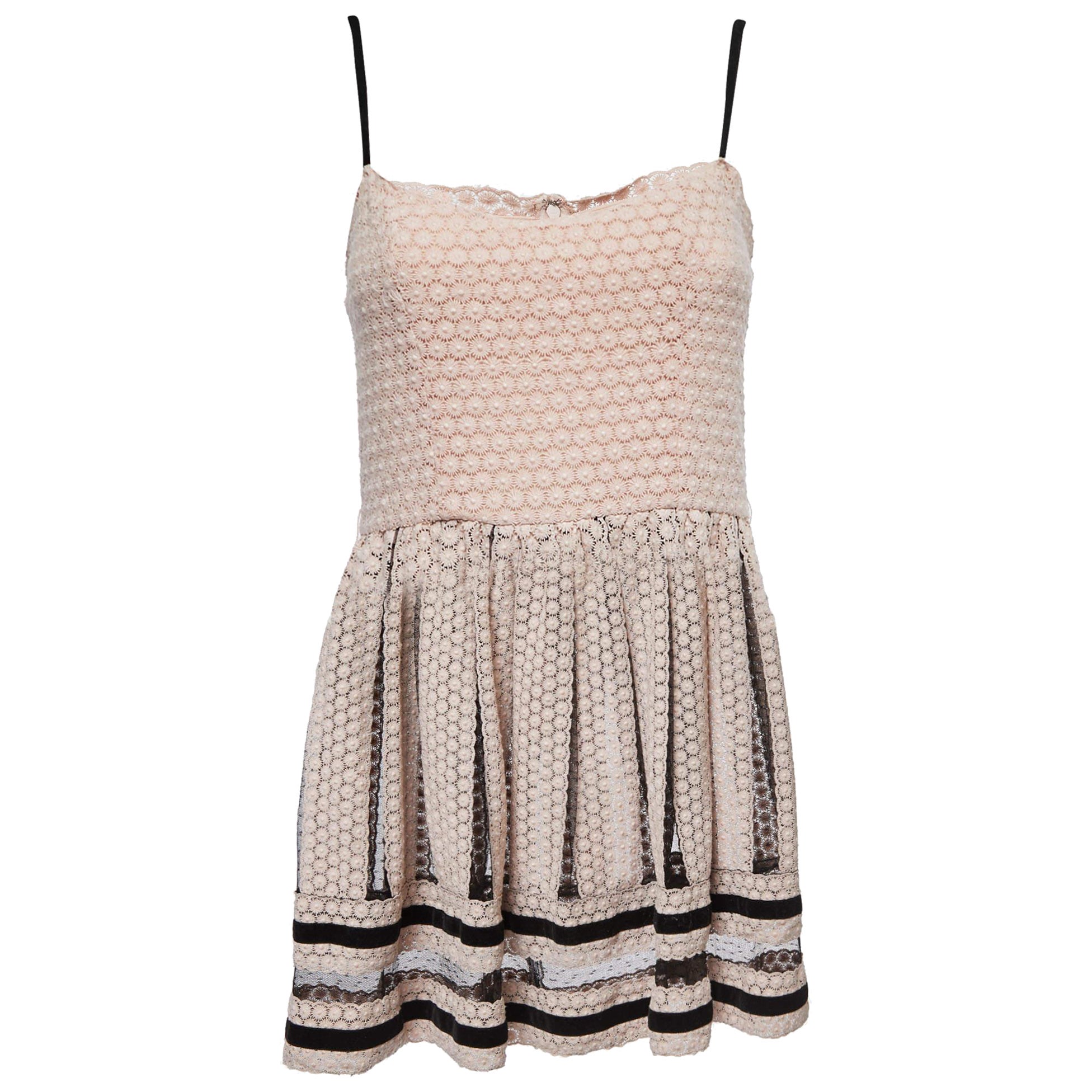 RED Valentino Pink/Black Lace Velvet Trimmed Strappy Mini Dress M For Sale