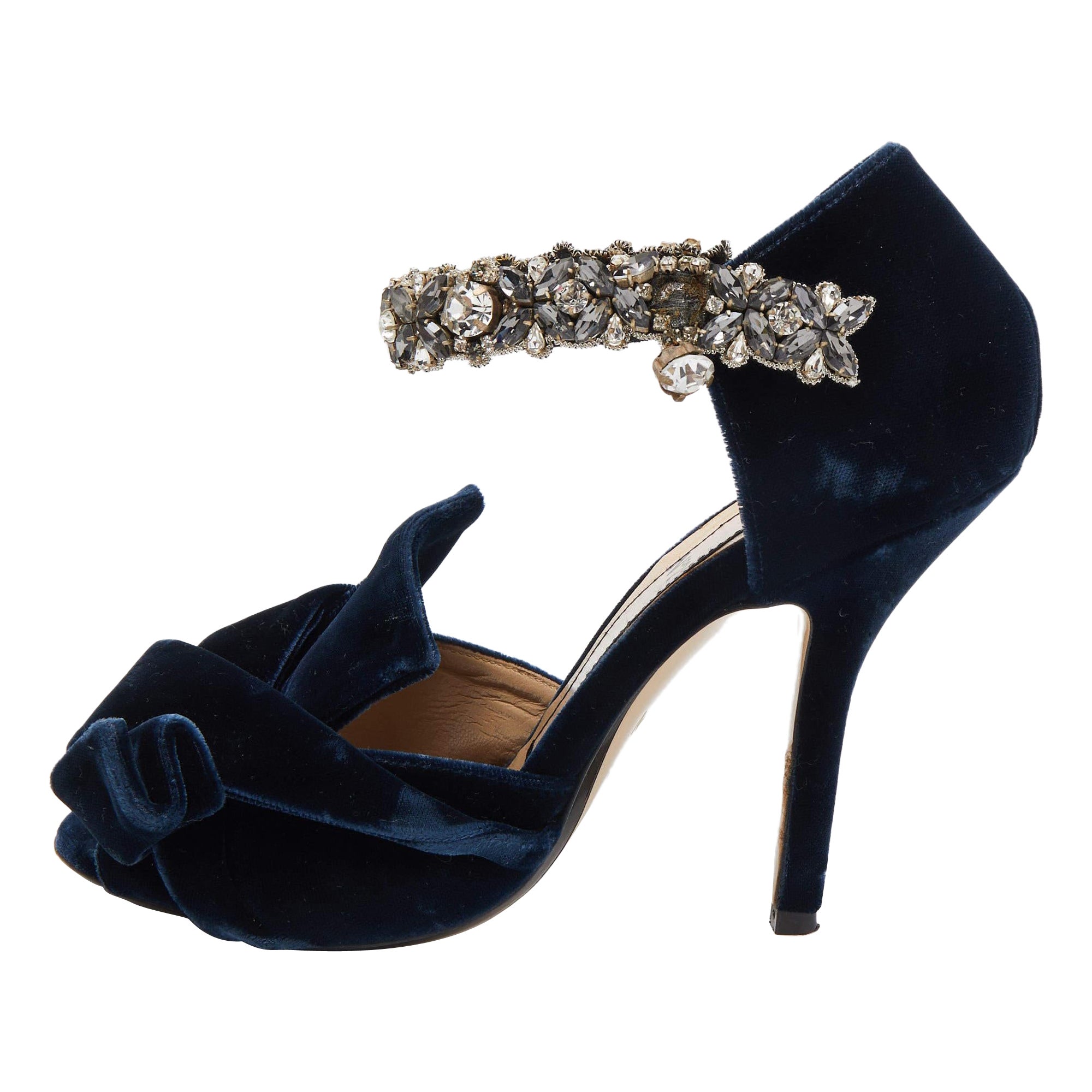 N&deg;21 Sandali con cinturino alla caviglia in velluto blu navy impreziositi da cristalli misura 36 in vendita