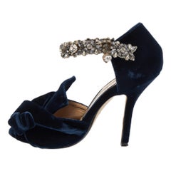 N&deg;21 Navy Blue Velvet Crystal Embellished Ankle Strap Sandals Size 36