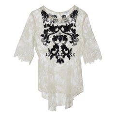 Oscar de la Renta White Lace Contrast Embroidery High Low Hem Top M