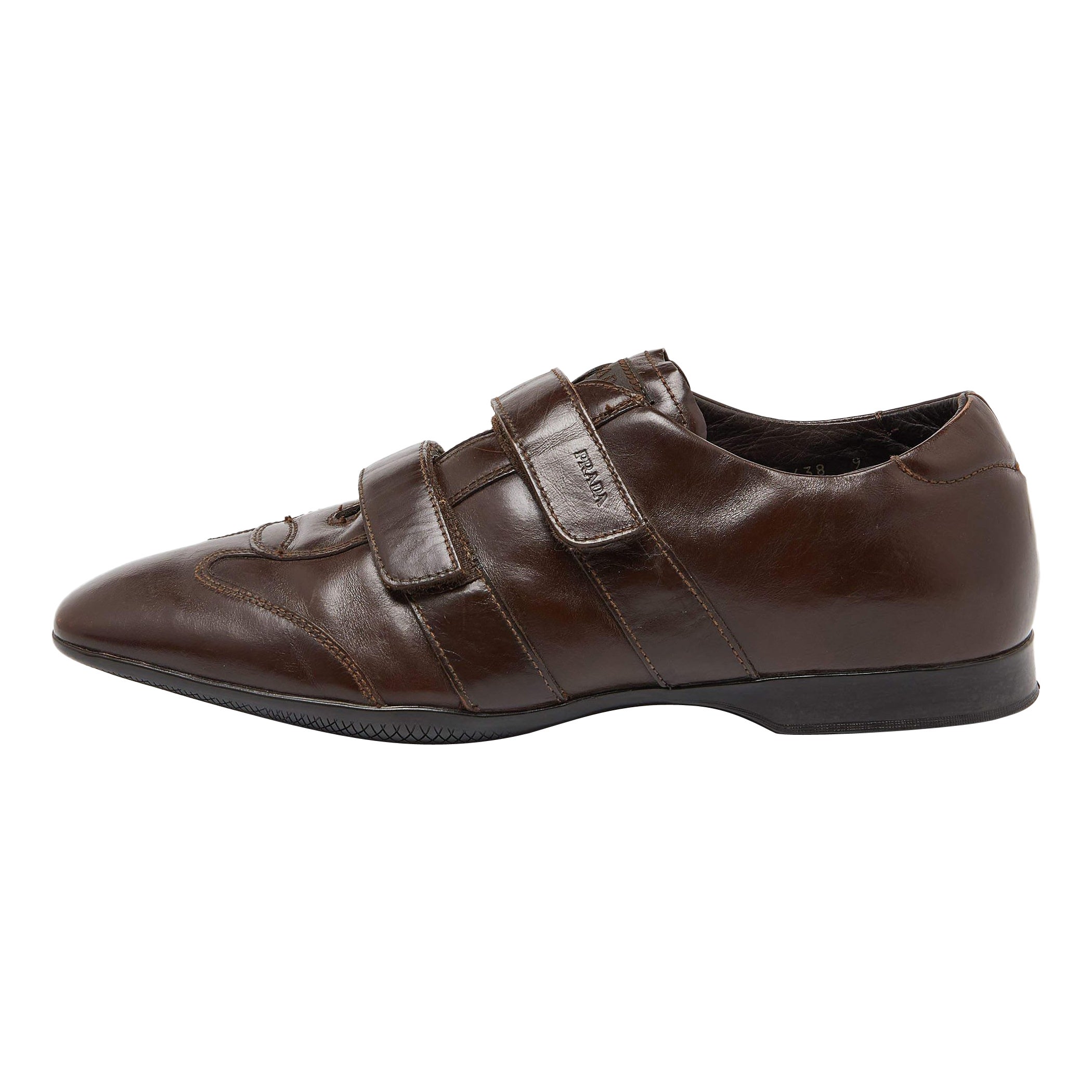Prada Sport Brown Leather Double Velcro Low Top Sneakers Size 43 For Sale