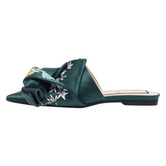 N21 Green Satin Floral Embroidered Knot Flat Slides Size 36