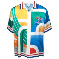 Casablanca Multicolor Logo Print Satin Silk Half Sleeve Shirt L