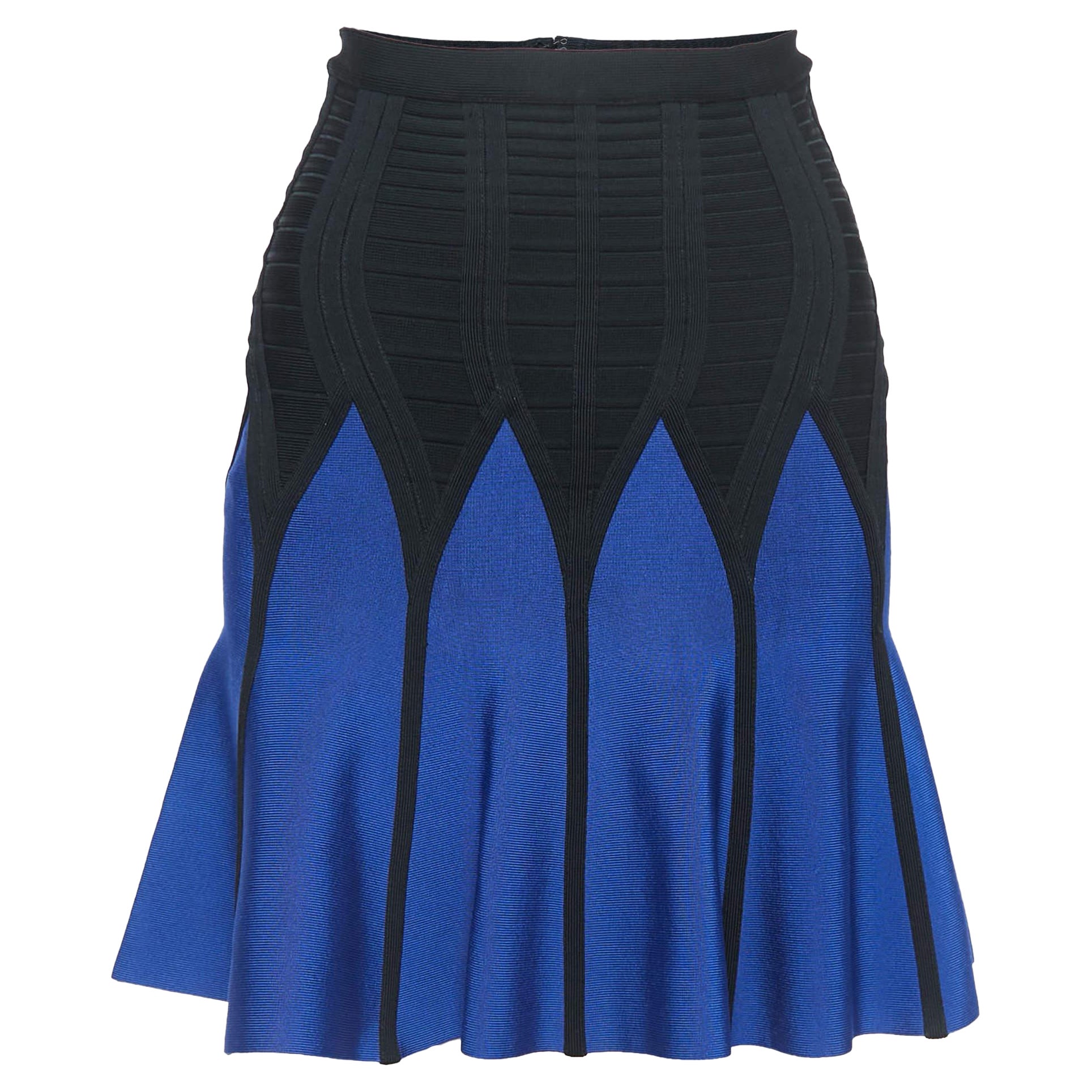 Herve Leger Black/Blue Knit Flared Mini Skirt S