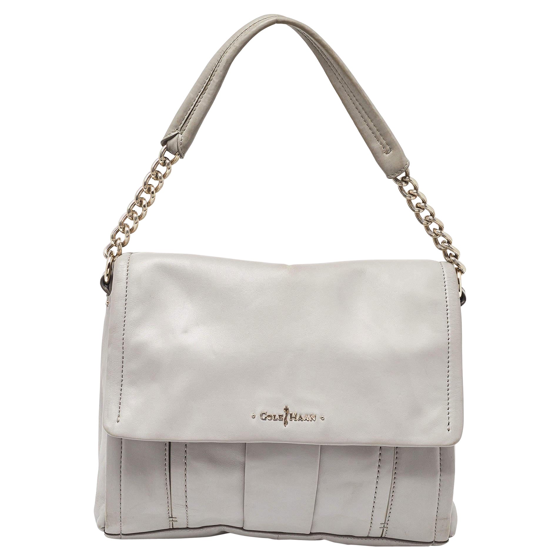 Cole Haan Grey Pleated Leather Flap Chain Bag For Sale