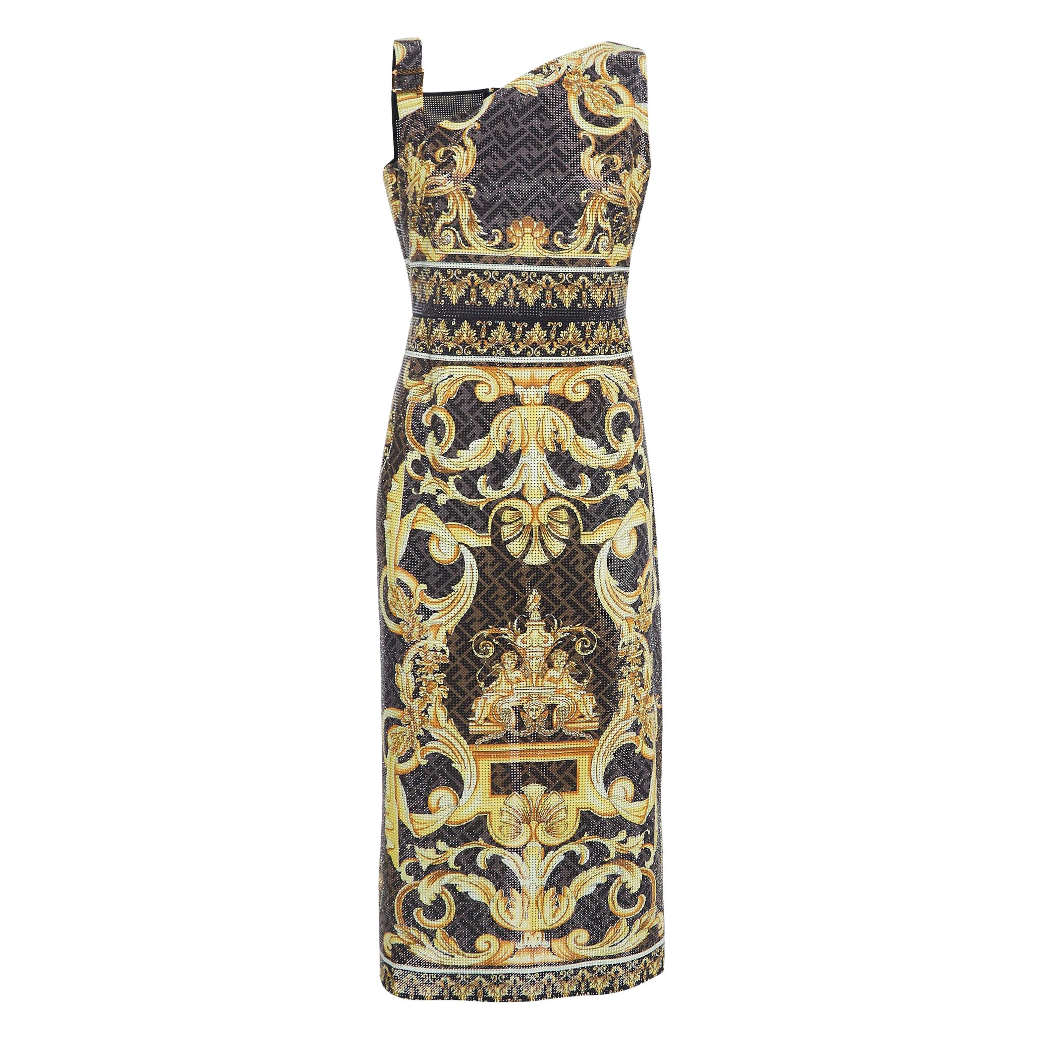 Fendi X Versace Brown Zucca Baroque Printed Crystal Embellished Dress M