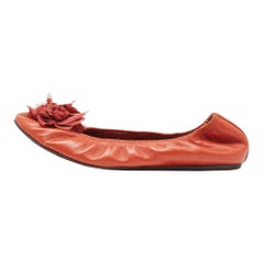 Lanvin Bailarinas Cuero Naranja Flor Scrunch Talla 37.5
