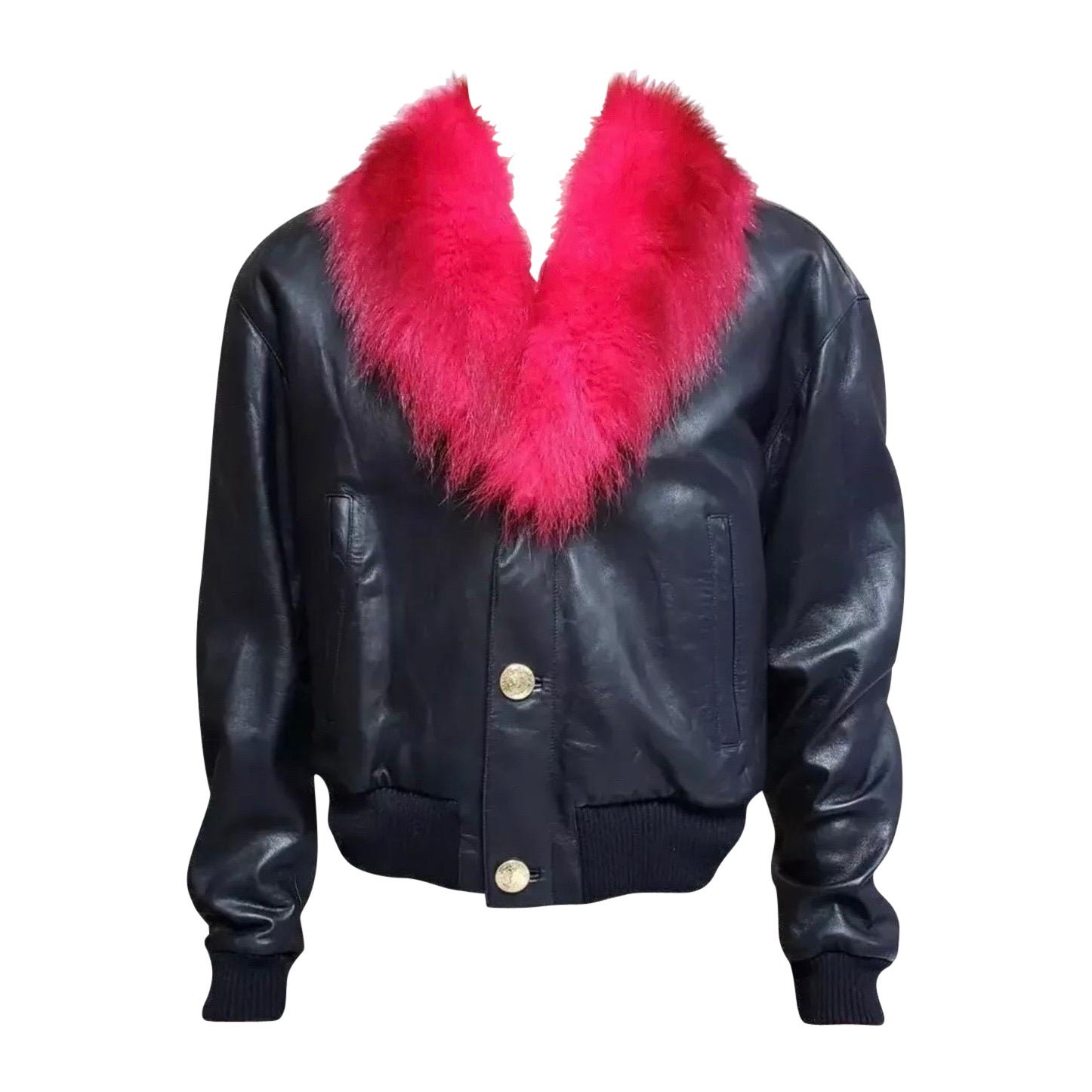 Versace Fur Lined Black Leather Jacket for Men For Sale