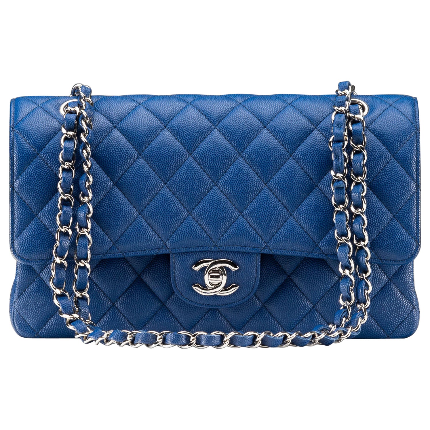 Chanel Classic Caviar Medium Blue Silver Hardware For Sale