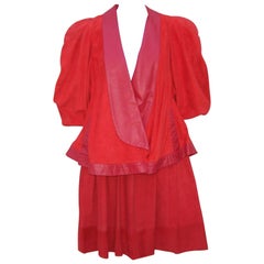 Vintage New Wave 1980's Lipstick Red Suede Leather Skirt Suit With Swing Jacket