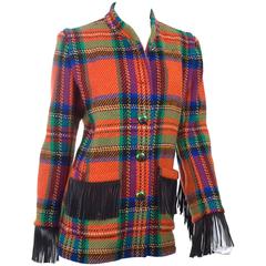 Yves Saint Laurent Check Wool Jacket with Leather Fringes and Enamel Buttons 7