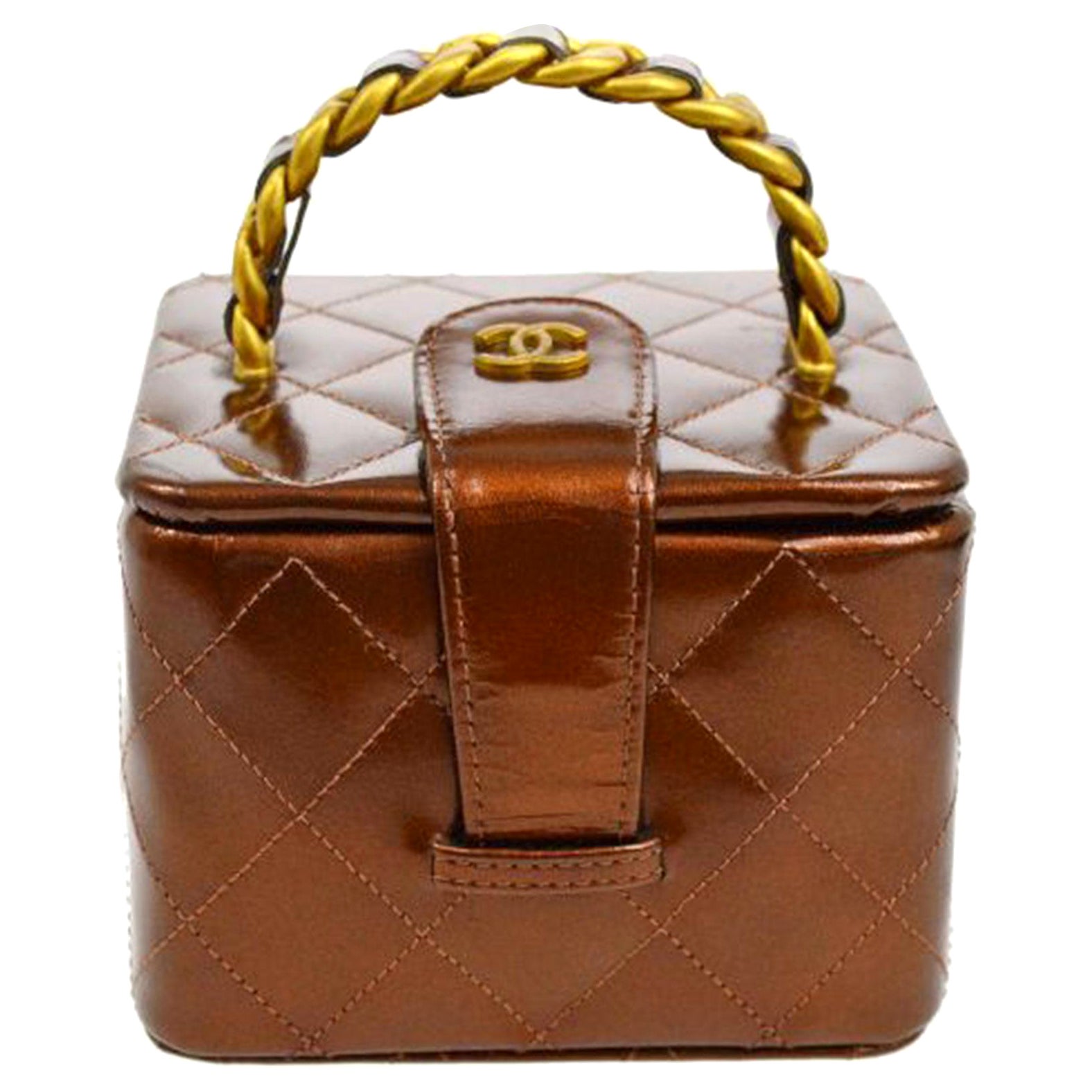 Chanel Micro Mini 90s Vintage Patent Metallic Bronze Iridescent Vanity Case