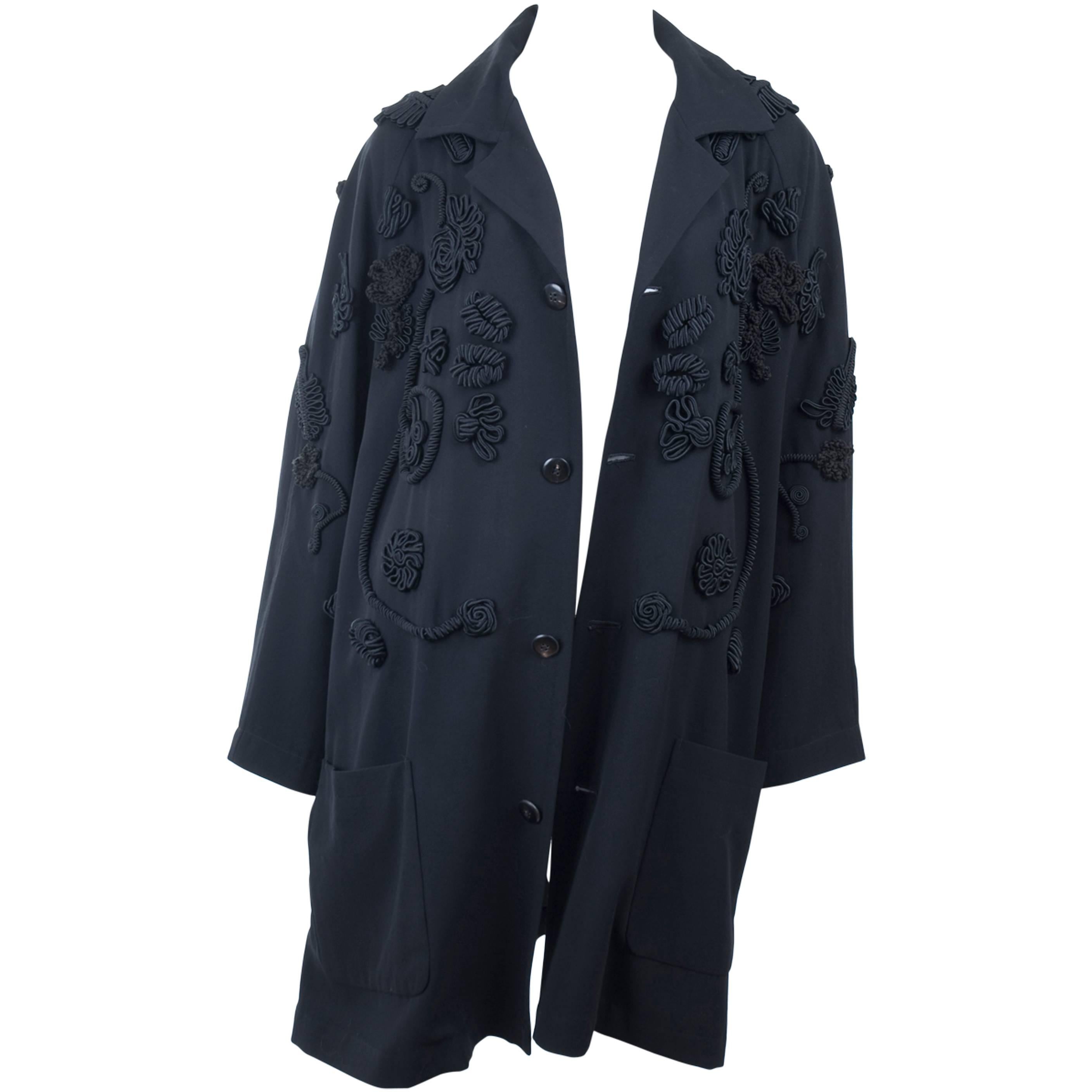 90's Yohji Yamamoto Black Coat with Corded Embroidery + Tassels Allover. For Sale
