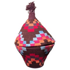 Moroccan Berber Vintage Lidded Basket mad of wool and straw