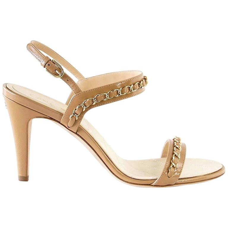 CHANEL Shoe Strappy High Heel Sandal Signature Chain Camel Patent 40.5 10.5