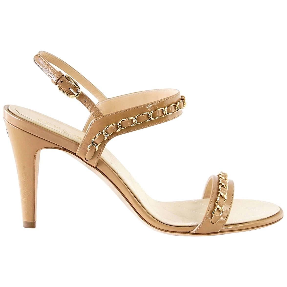 CHANEL Shoe Strappy High Heel Sandal Signature Chain Camel Patent 40.5 / 10.5