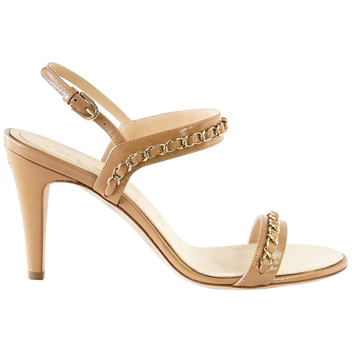 CHANEL Shoe Strappy High Heel Sandal Signature Chain Camel Patent 40.5 /  10.5 at 1stDibs | chanel high heel sandals