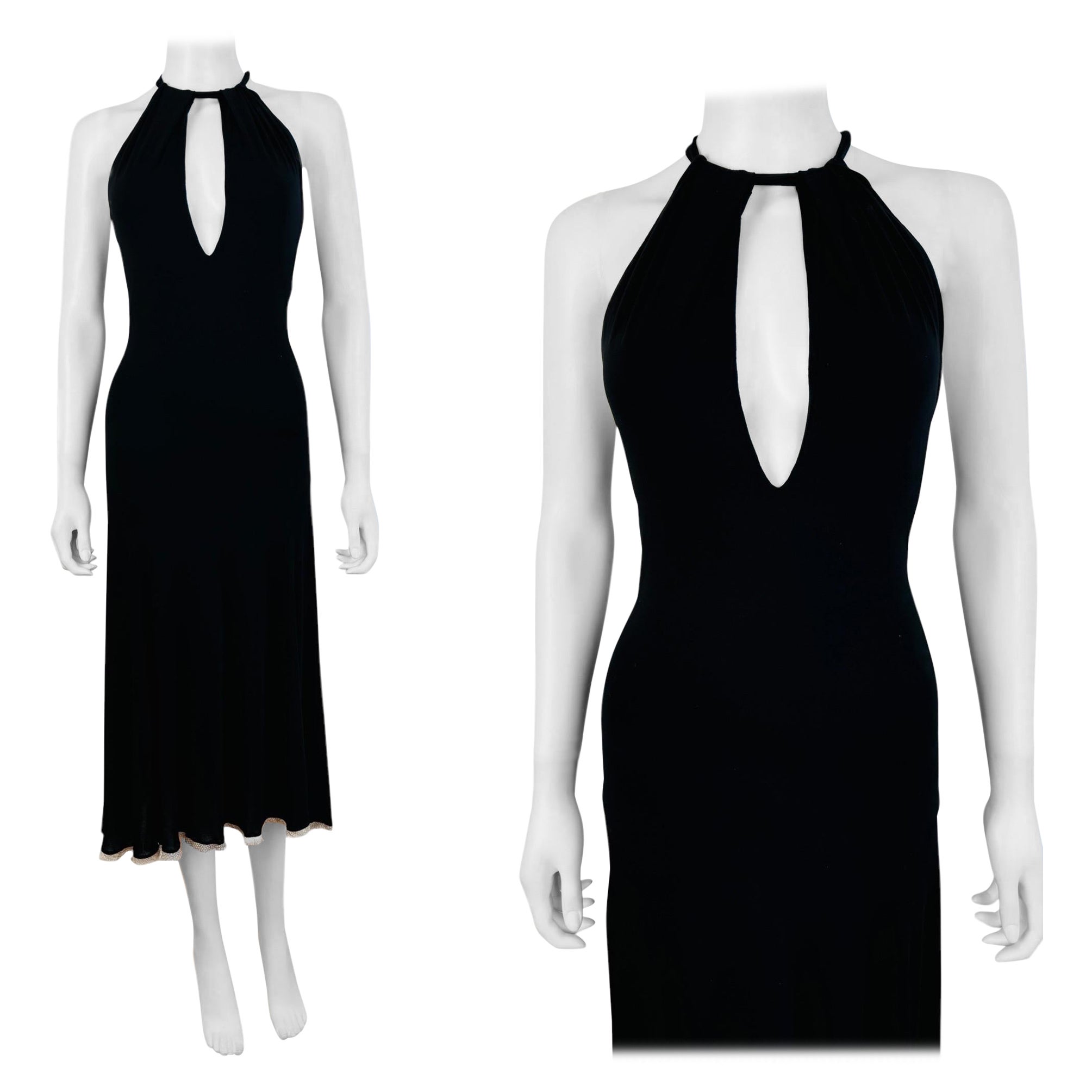 Vintage Early 2000s Y2K Roberto Cavalli Black Halter Keyhole Cut Out Midi Dress For Sale